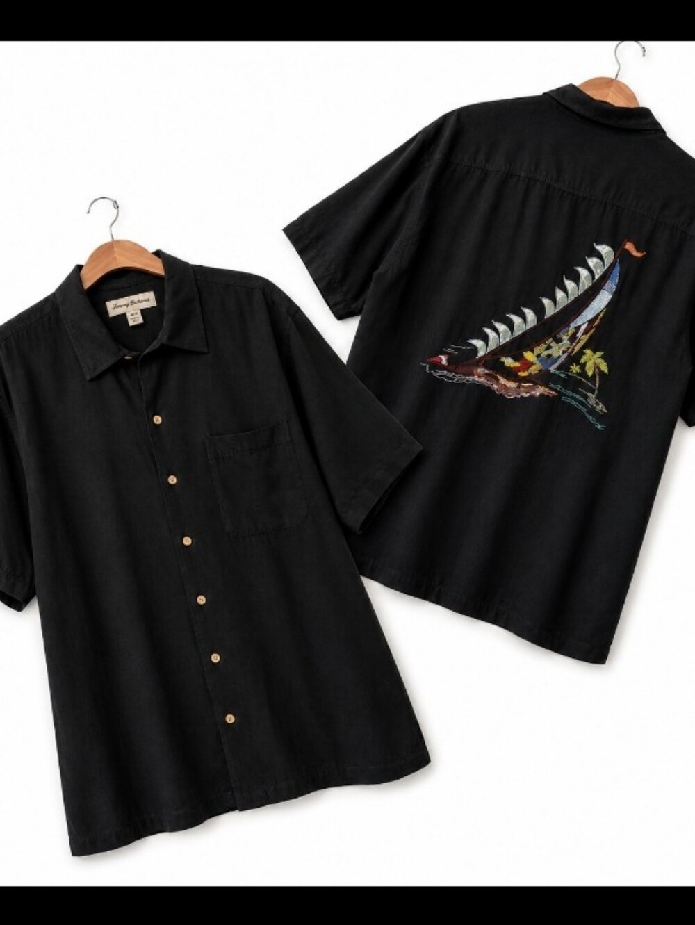 Tommy Bahama Black 100% Silk Embroidered Sailboat Camp Shirt XL